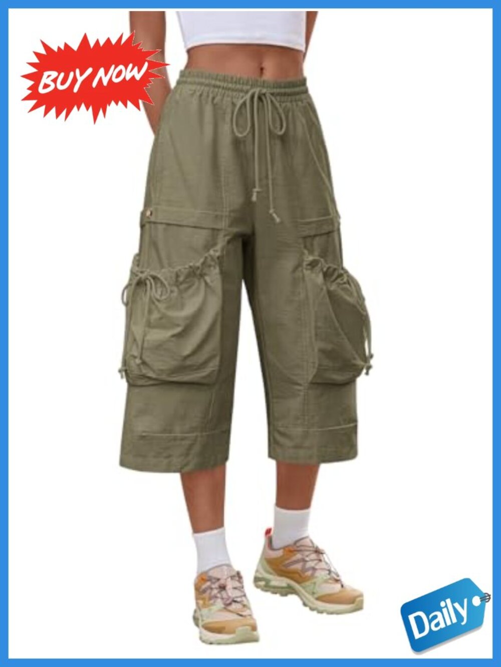 Wide Leg Cargo Capris Cotton Drawstring Waist Utility Pockets Casual